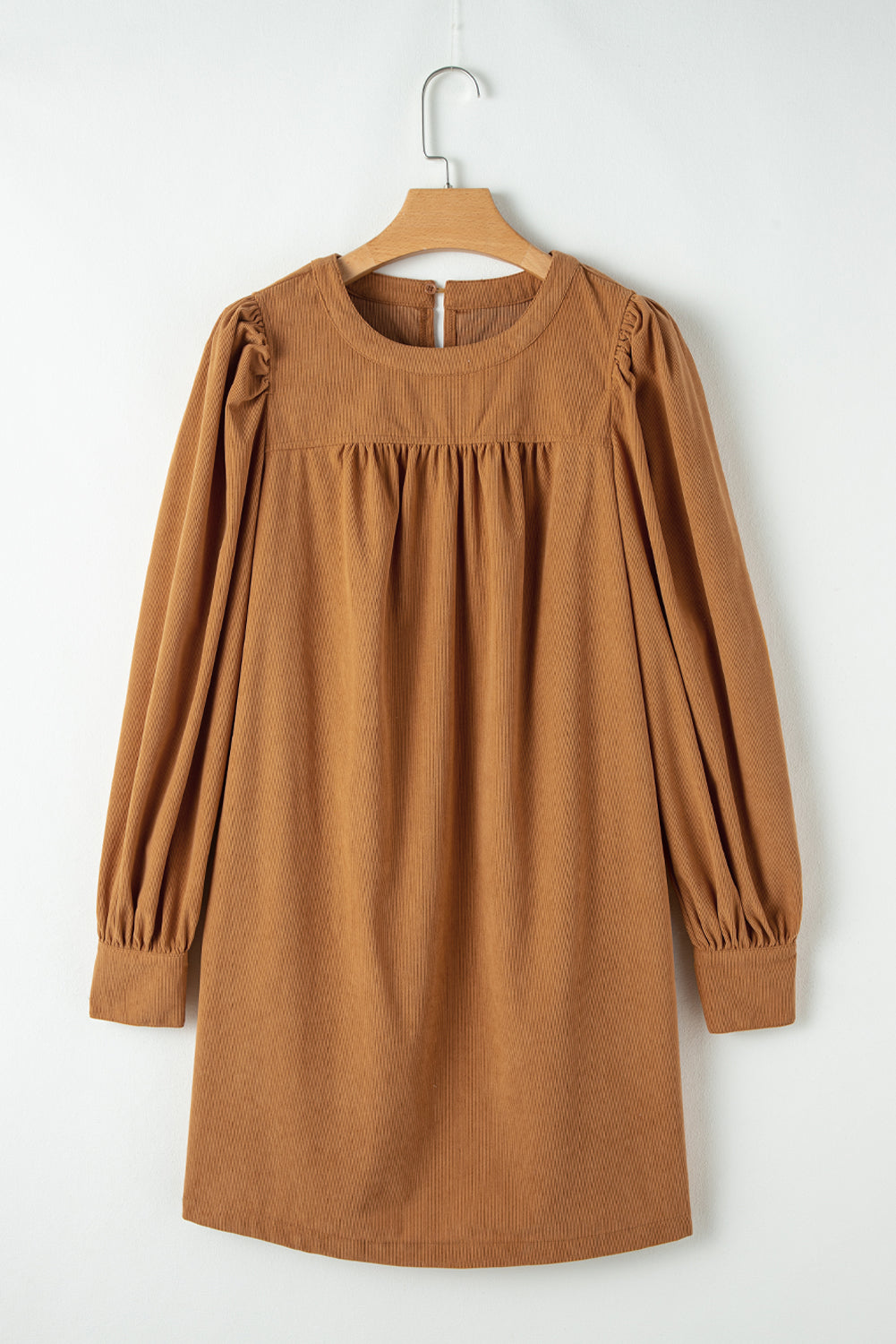 Desert Gold Corduroy Pleated Puff Sleeve Shift Short Dress