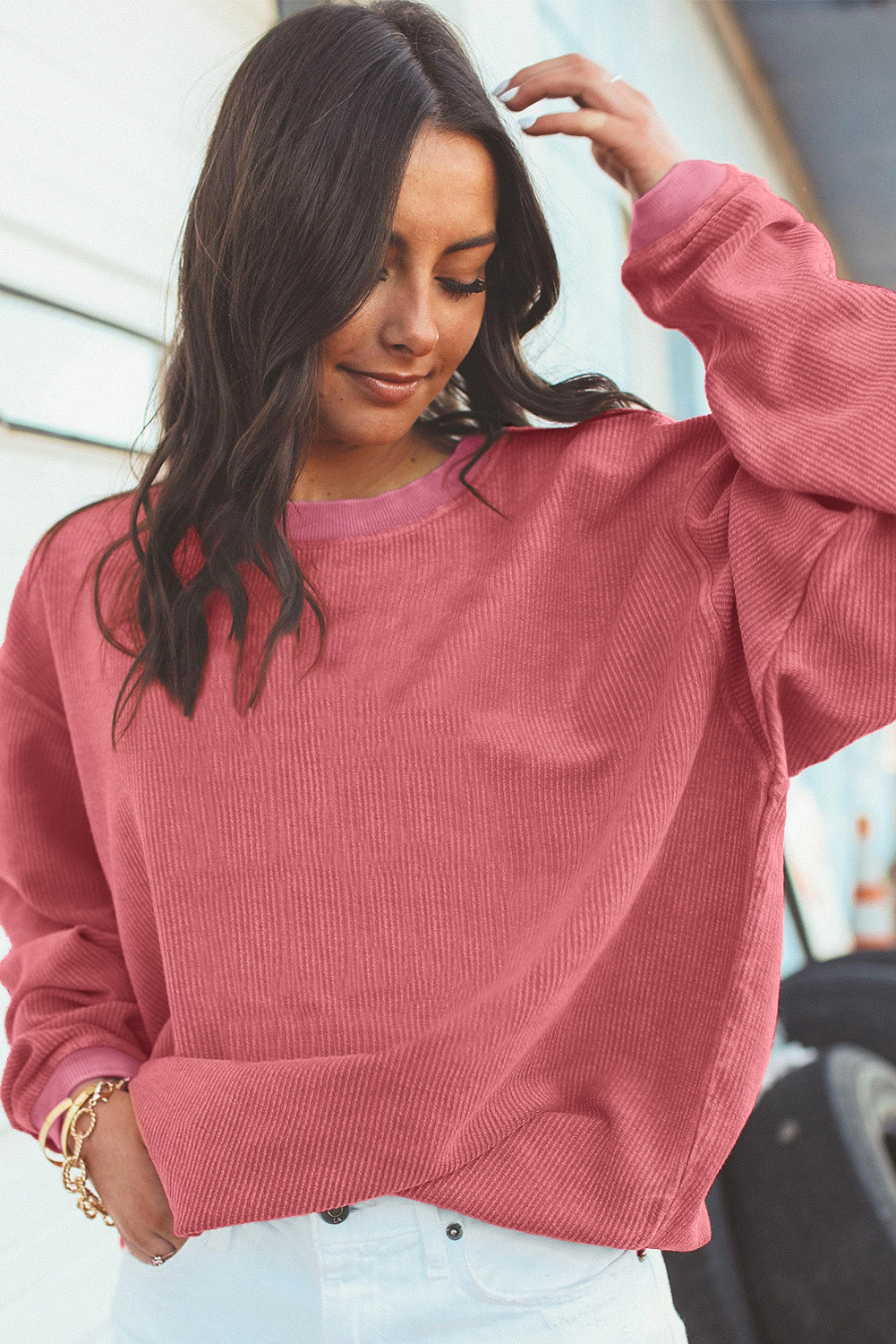 Strawberry pink corduroy oversized sweatshirt