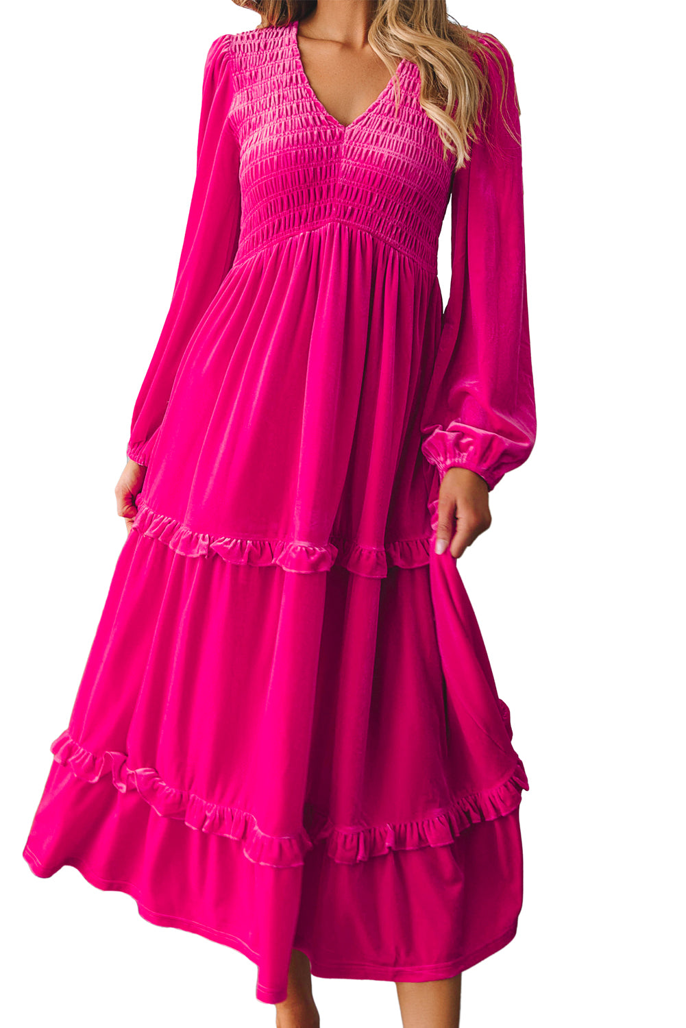 Robe en velours à manches longues rouges en V rouge rose