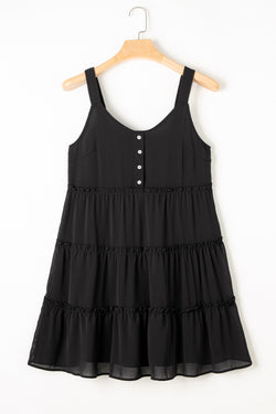 Vestido negro sin mangas con volante y V -collar con botones