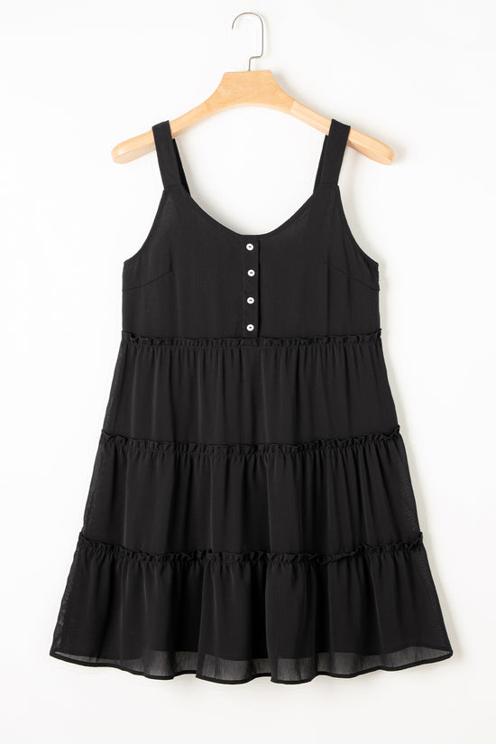 Vestido negro sin mangas con volante y V -collar con botones