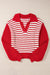 Red striped sweater with lantern sleeves and V -neck and drooping shoulders