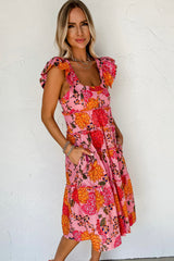 Robe mi-longue à volants et manches flottantes à volants et à volants rose
