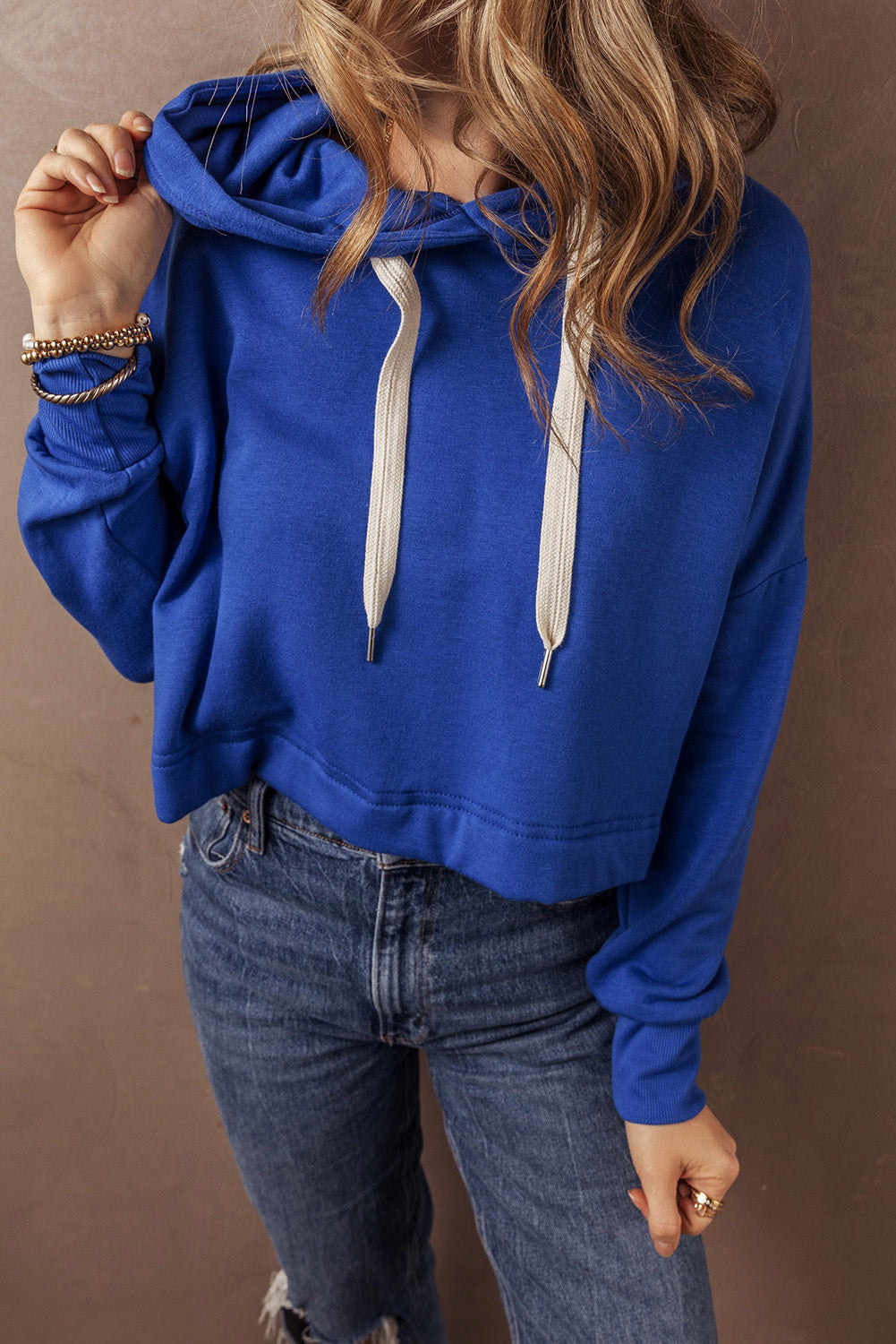 Dark Blue Drop Shoulder Drawstring Cropped Hoodie