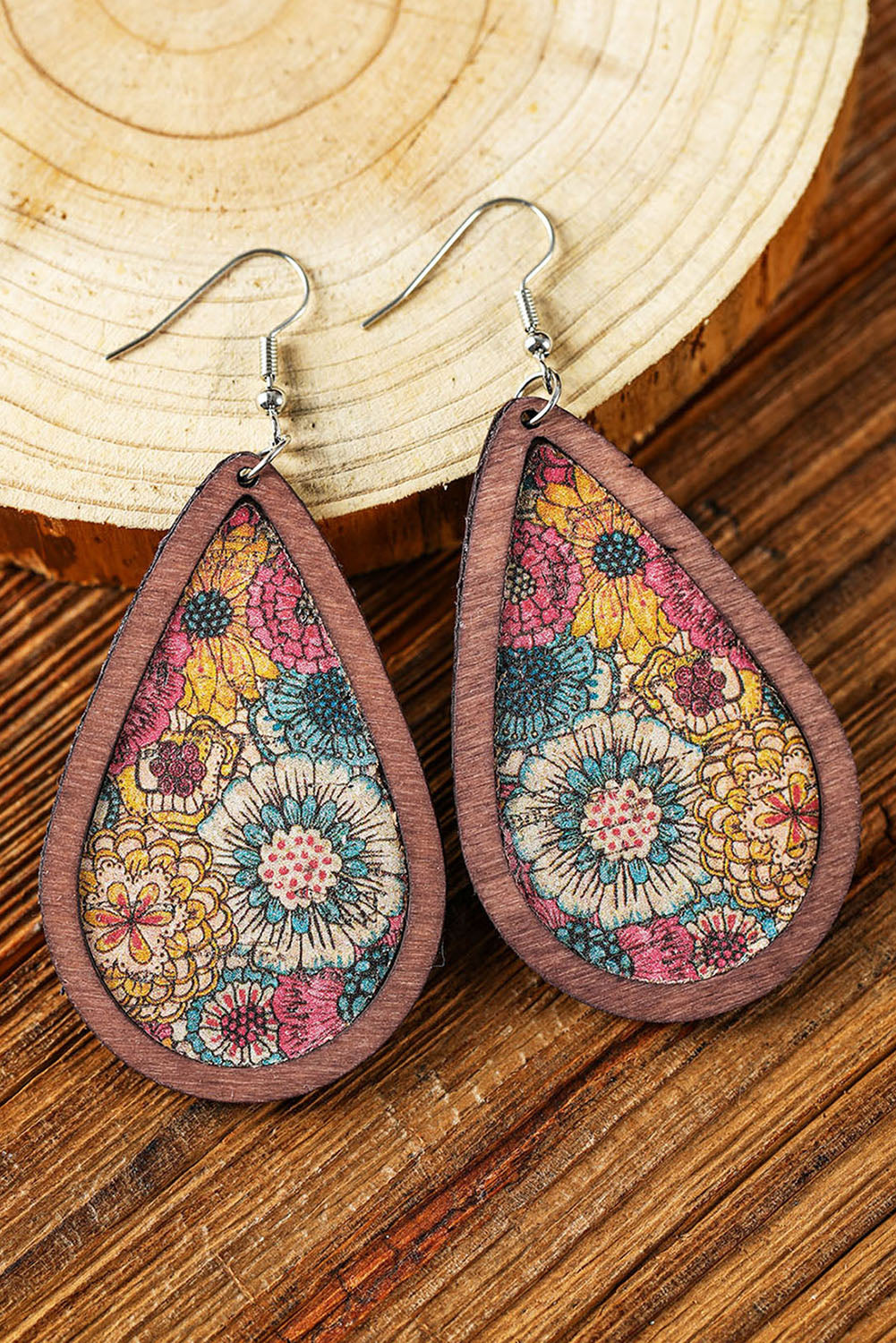 Boucles d'oreilles pendantes à imprimé floral et bordure contrastée multicolore