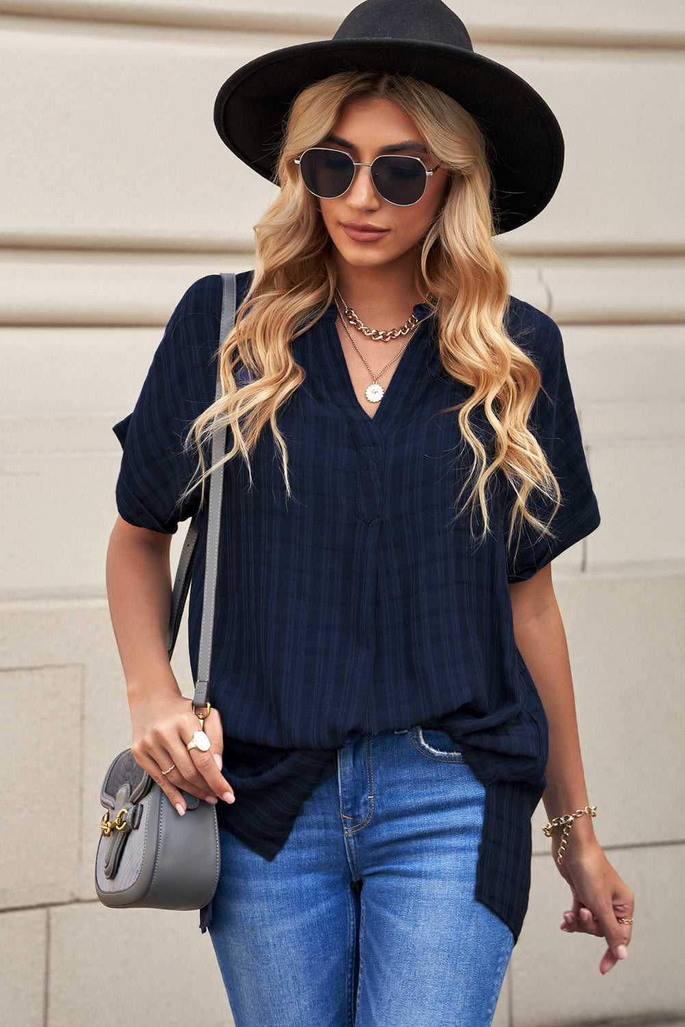 Navy Plaid Print Lose V Neck Kurzarmhemd mit Schlitzen