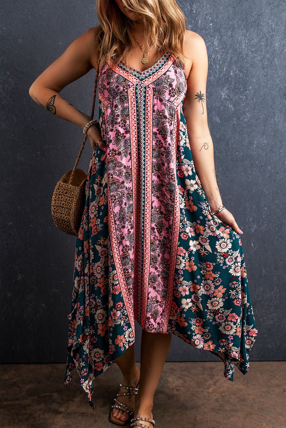 Pink Bohemian Floral Patchwork Impresión Long Sundress