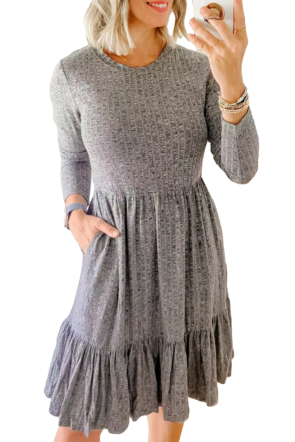 Vestido midi de línea A-Line con textura con textura gris