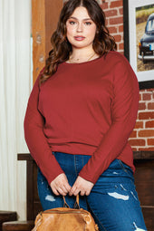 Dahlia Red Long Sleeve Top with Piping Plus Size