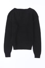 Pull noir en maille côtelée à col en V
