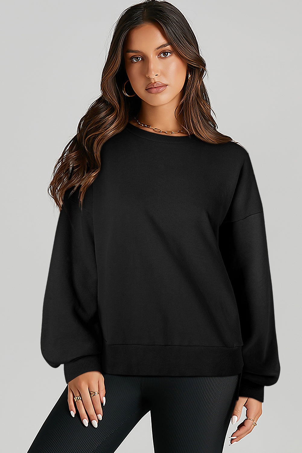 Black Solid O Neck High Low Hem Pullover Sweatshirt