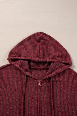 Dahlia Red Ribbed Drawstring Hoodie with Zip Front