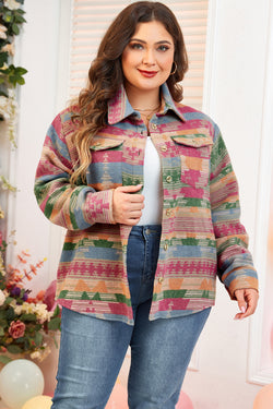 Rose - Plus Size Aztec Print Lapel Jacket with Pocket