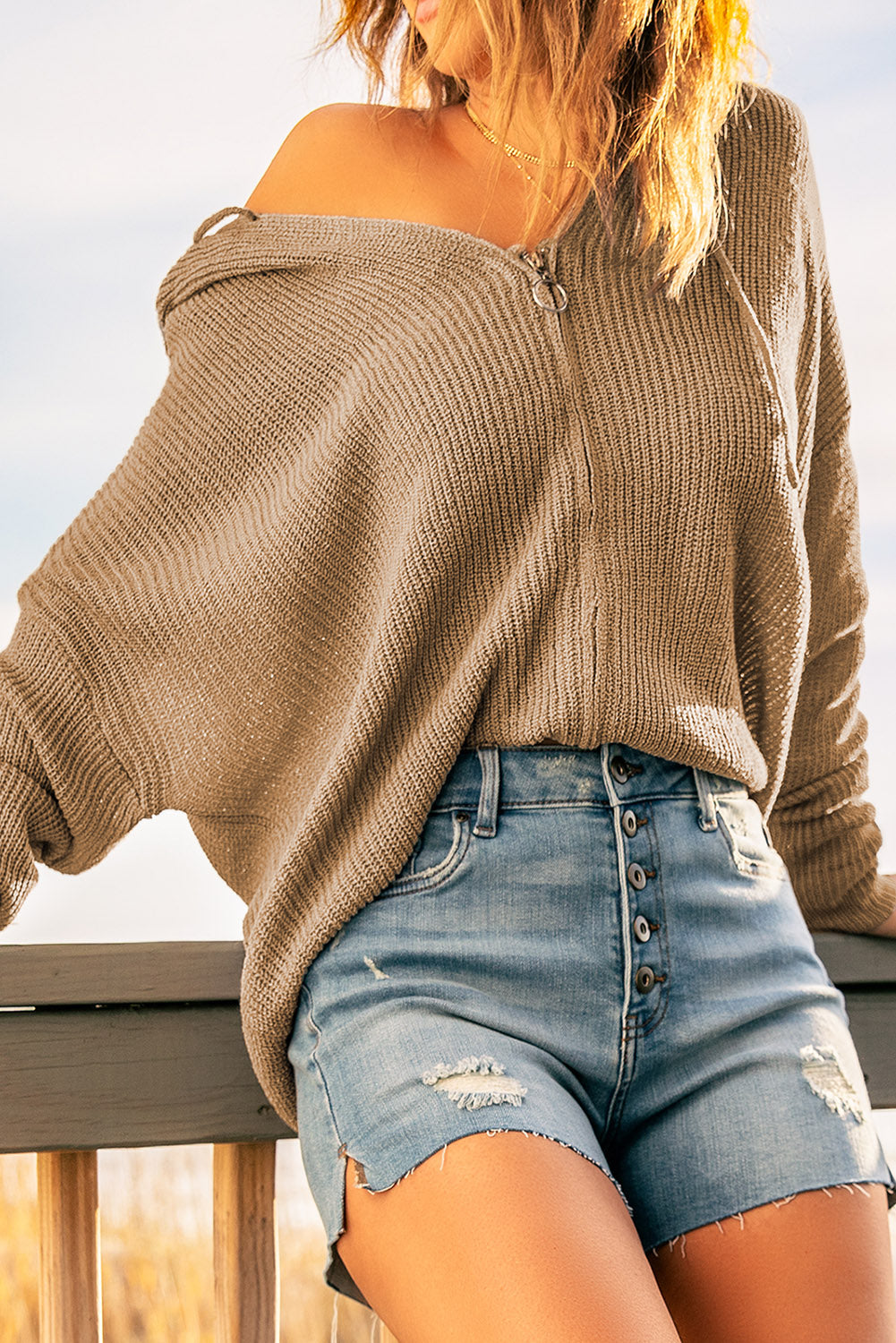 Khaki zipped V-neck sweater with hood and dropped sleeves