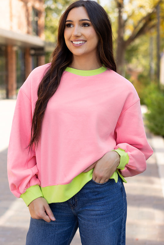 Pink bubble sleeve color block sweatshirt