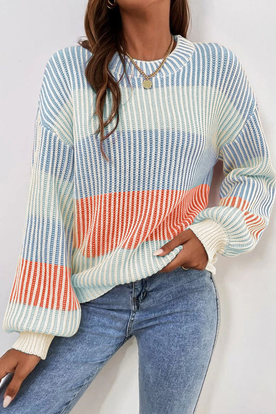 Multicolored sweater with sleeve bubbles in textured color block *