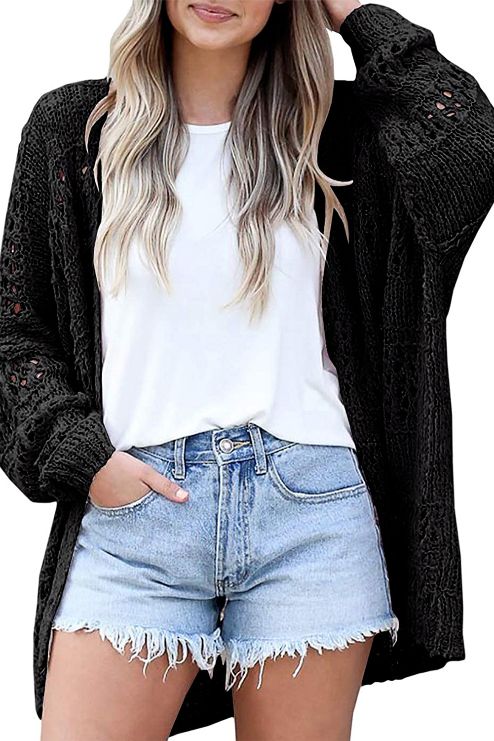 Cardigan décontracté noir à manches dolman en tricot creux-A WOMAN WE LOVE