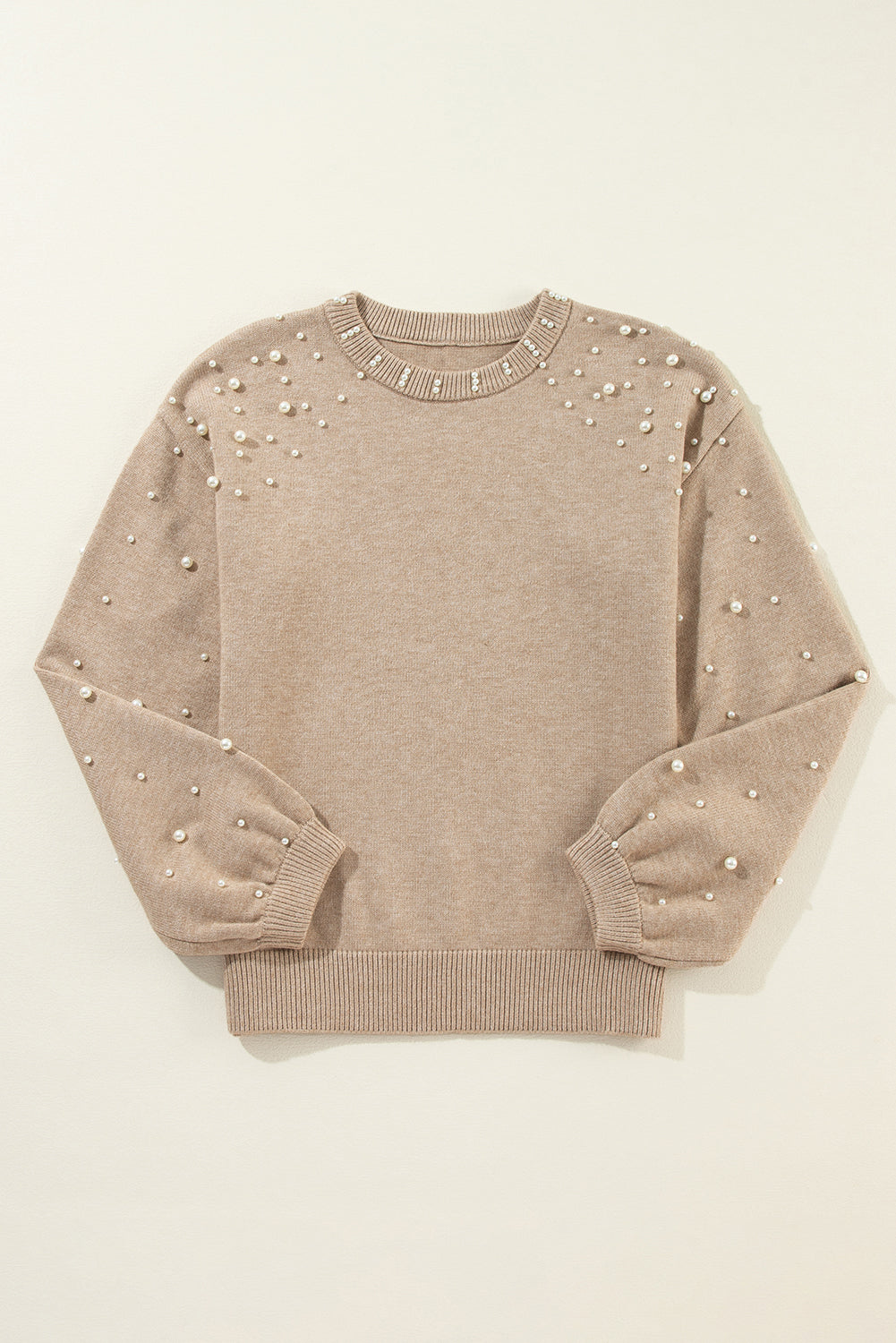 Smoke gray crew neck sweater with beaded dropped shoulders