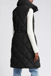 Black long quilted down jacket with high collar