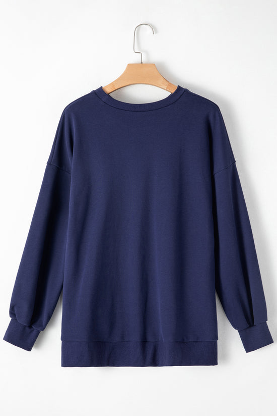 Navy Blue Solid Crew Neck Sweatshirt with High Low Hem