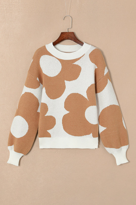 Khaki sweater with drooping shoulders and large flower motif *