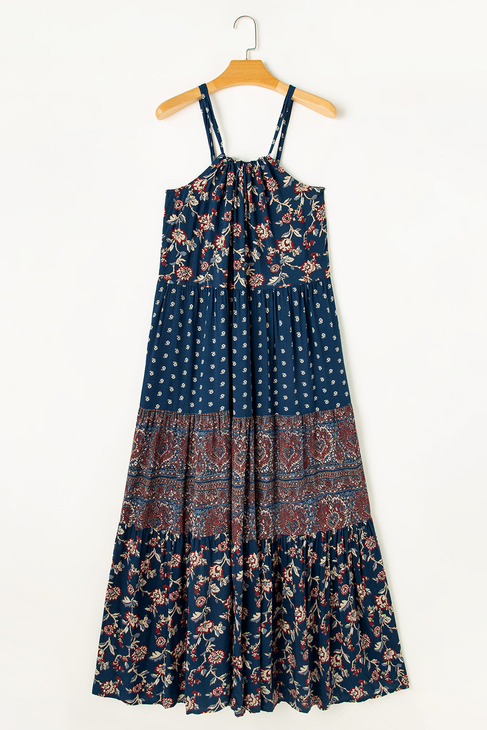 Blue Boho Blumenspleißen ärmellose Maxikleid