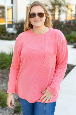 Peach Blossom Plus Size Textured Ribbed Long Sleeve T-Shirt