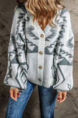 Cardigan boutonné gris clair à motif géométrique et bordure côtelée-A WOMAN WE LOVE