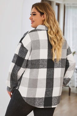 Plus Size Grey Plaid Buttoned Jacket