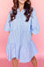 Sky blue striped button-down shirt dress, bubble sleeves, chest pockets