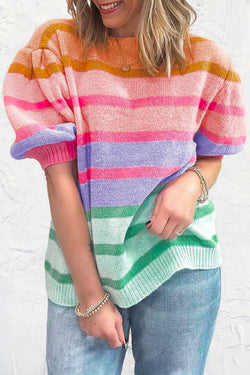 Short sleeve sweater with pink red colored stripes