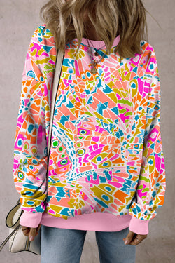 Pink Abstract Print Drop Shoulder Loose Sweatshirt