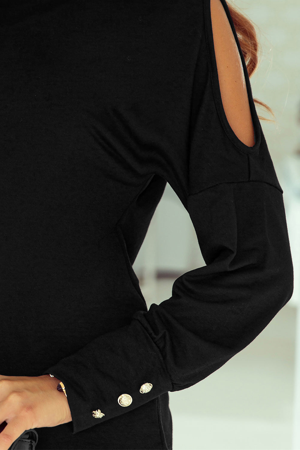 Black Asymmetrical Cut Out Buttoned Long Sleeve Top