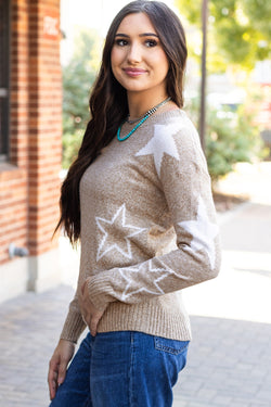 Khaki sweater with drooping shoulders and star pattern