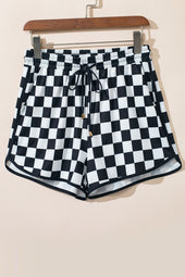 Black Plaid Casual Shorts with Drawstring and Elastic Waist