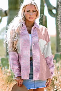 Pink Houndstooth Color Contrast Textured Patchwork Loose Jacket