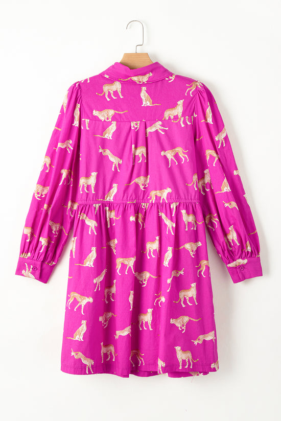 Pink Cheetah Print Drawstring Tunic Shirt Dress