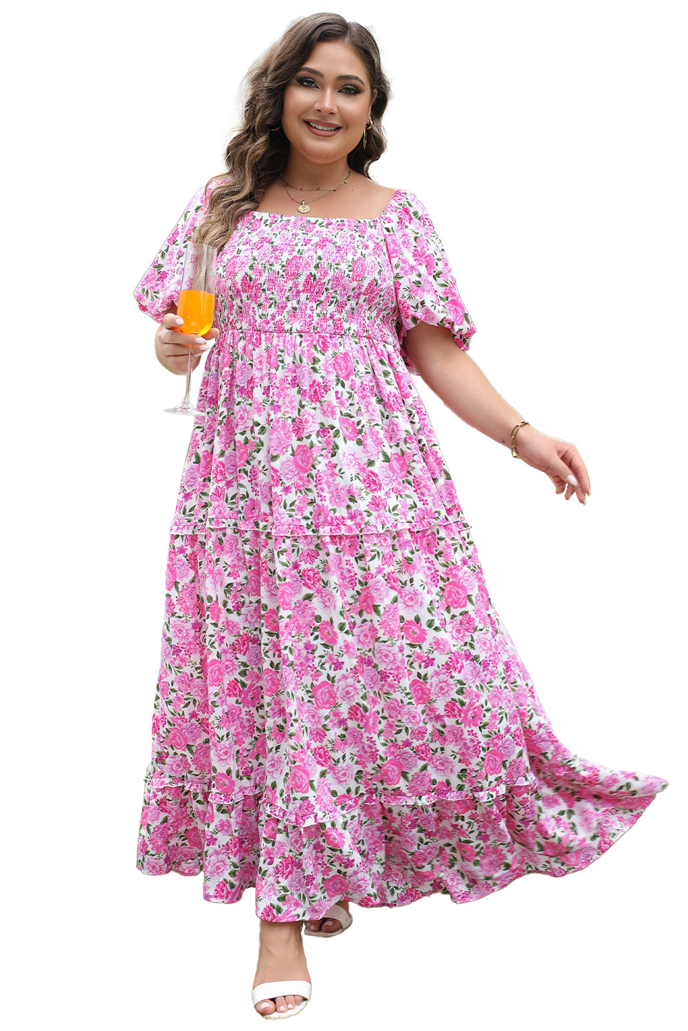 Robe Rose Smockée à Manches Bouffantes et Imprimé Floral de Grande Taille