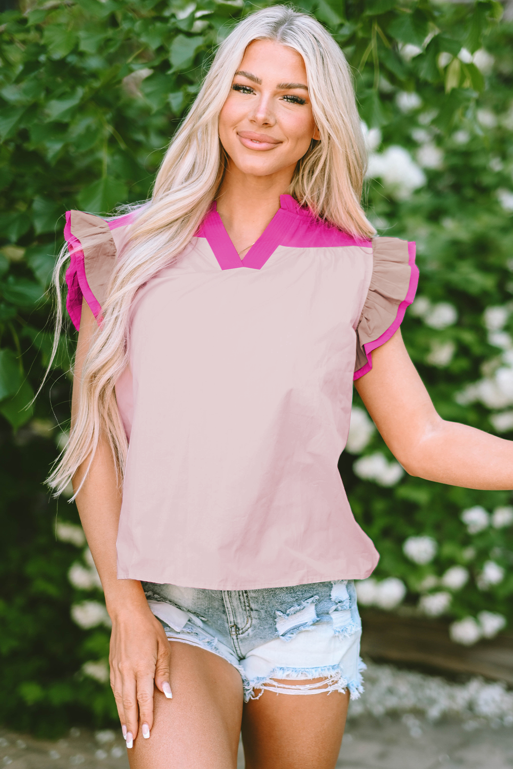 Pink Colorblock Ruffenhülse Frill gegen Nackenbluse