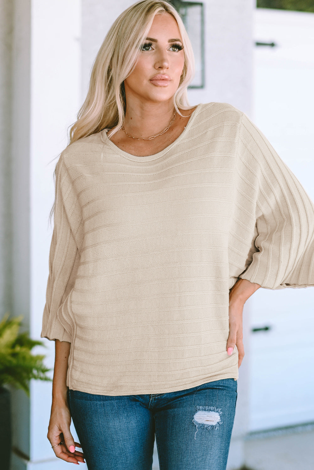 Apricot Ribbed Knit Dolman Sweater with Exposed Seams