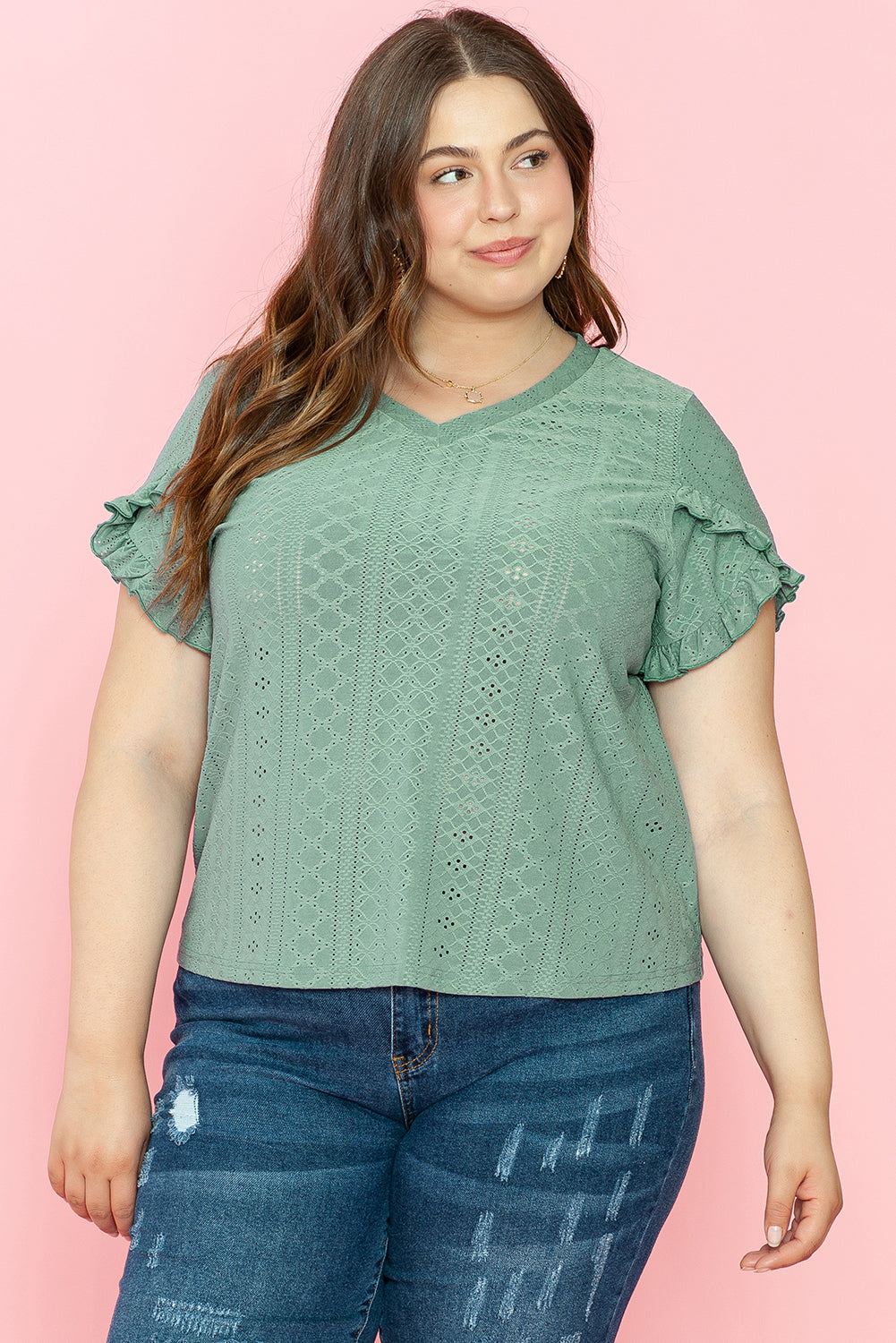 Laurel Green Petal manga Jacquard v Neck Curvy Blusa