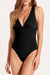 Black monokini with a deep -turned V -neck collar Gathered dar