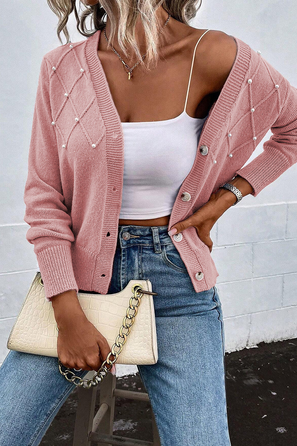 Textured Knit Button Cardigan with Pearls and Sepia Pink Beads