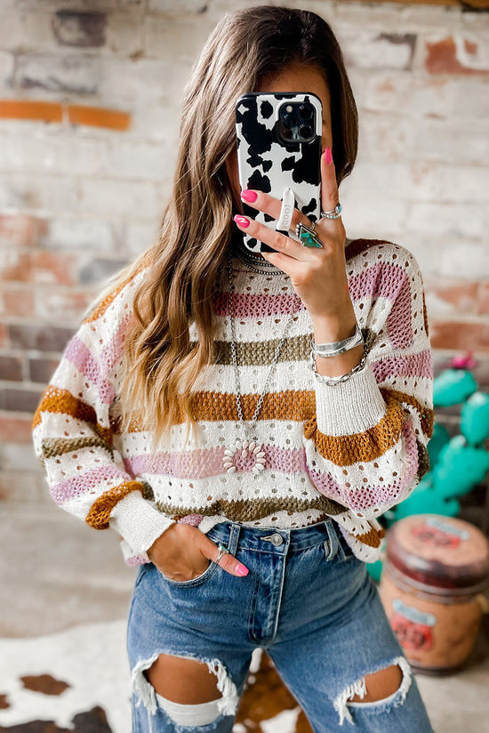 Blot knitted sweater hollowed out with multicolored stripes