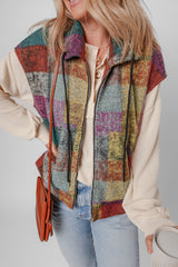 A large zipped vest with multicolored Scottish print with side pockets