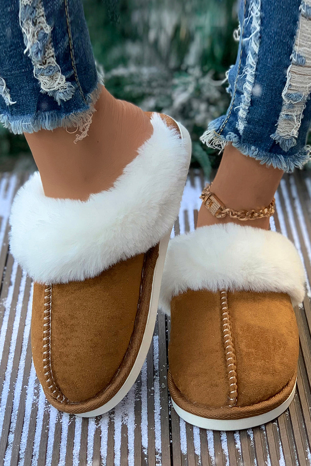 Camel Plush Suede Winter Home Slippers