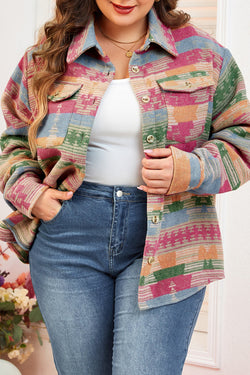 Rose - Plus Size Aztec Print Lapel Jacket with Pocket