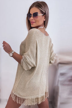 Khaki loose-fitting lightweight knit sweater with fringed hem