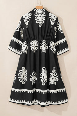 Black geometric western print loose midi dress with 3/4 sleeves