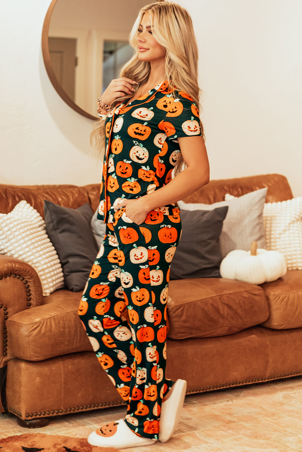 Ensemble pyjama chemise à manches courtes à motif d'Halloween orange